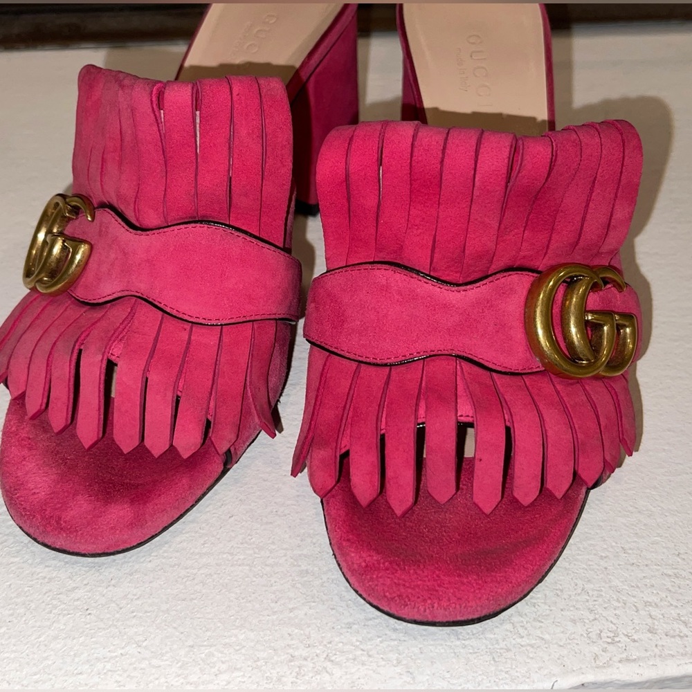 Gucci Hot Pink Suede Fringe Double G Block Heel Mules - Picture 8 of 16